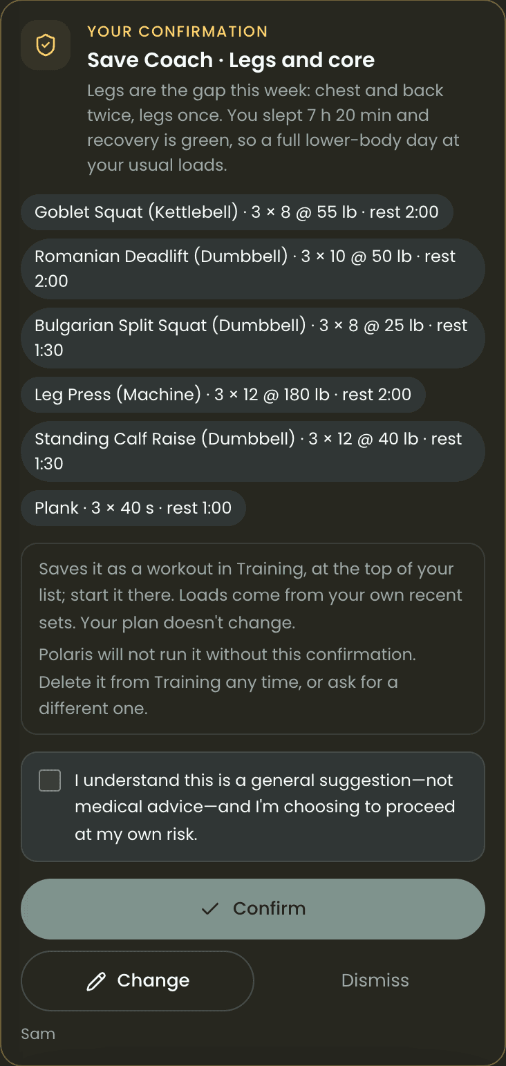 Coach chat: Sam asks what to do today, Coach replies with a lower-body session and shows the card to save it in Training.