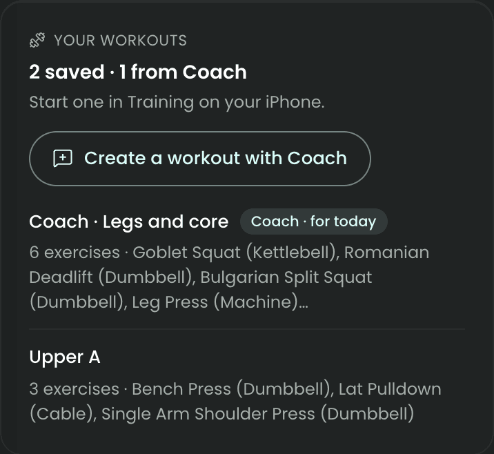 The Your workouts card in Training: Coach · Legs and core, made for today, above Sam's own Upper A.